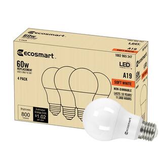 EcoSmart 60-Watt Equivalent A19 Non-Dimmable CEC LED Light Bulb Soft White (4-Pack) A9A19A60WT2044