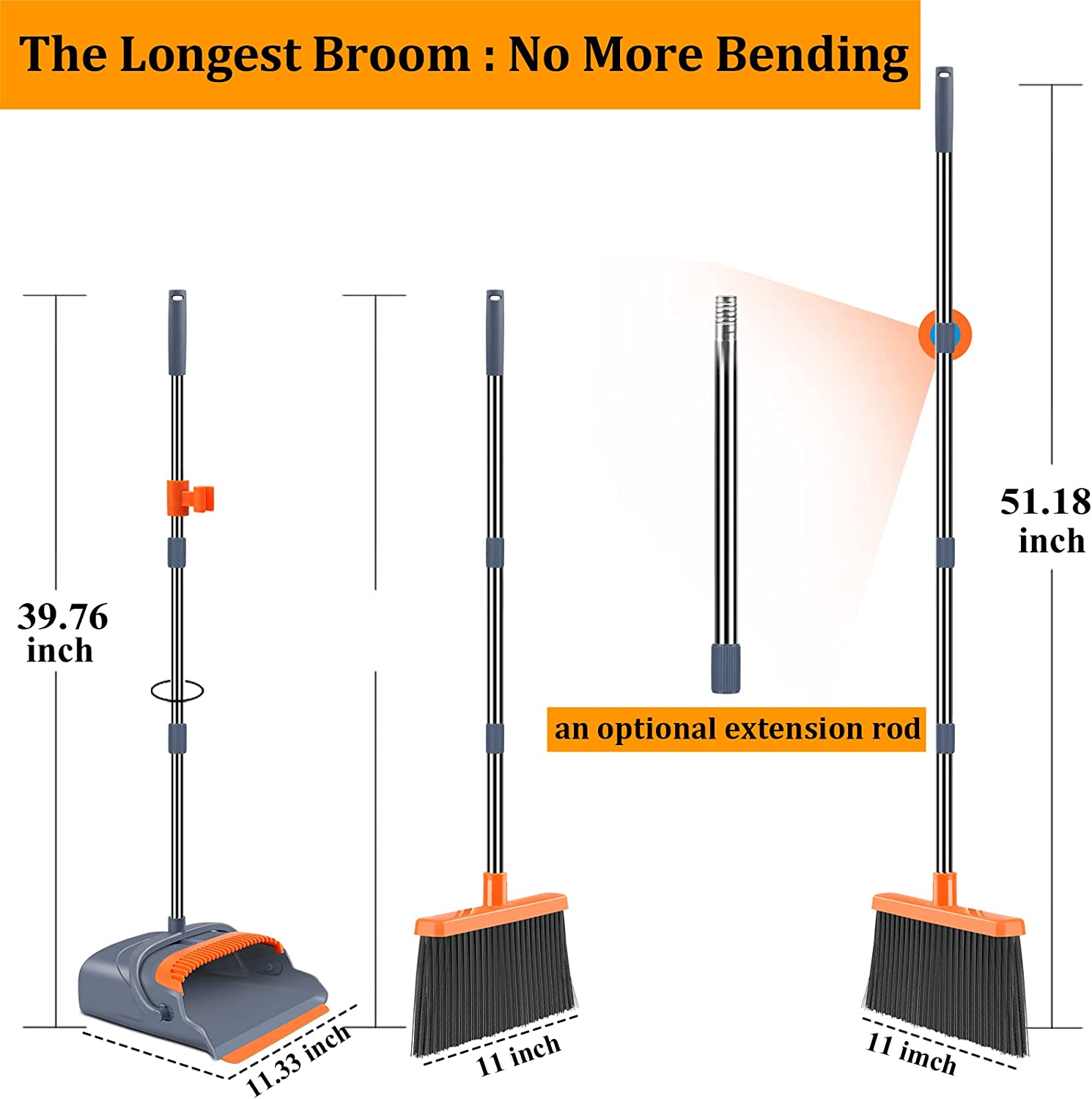 Upgrade Broom and Dustpan Set, Self-Cleaning with Dustpan Teeth, Ideal for Dog Cat Pets Home Use, Super Long Handle Upright Stand Up Broom and Dustpan Set (Gray&Orange)