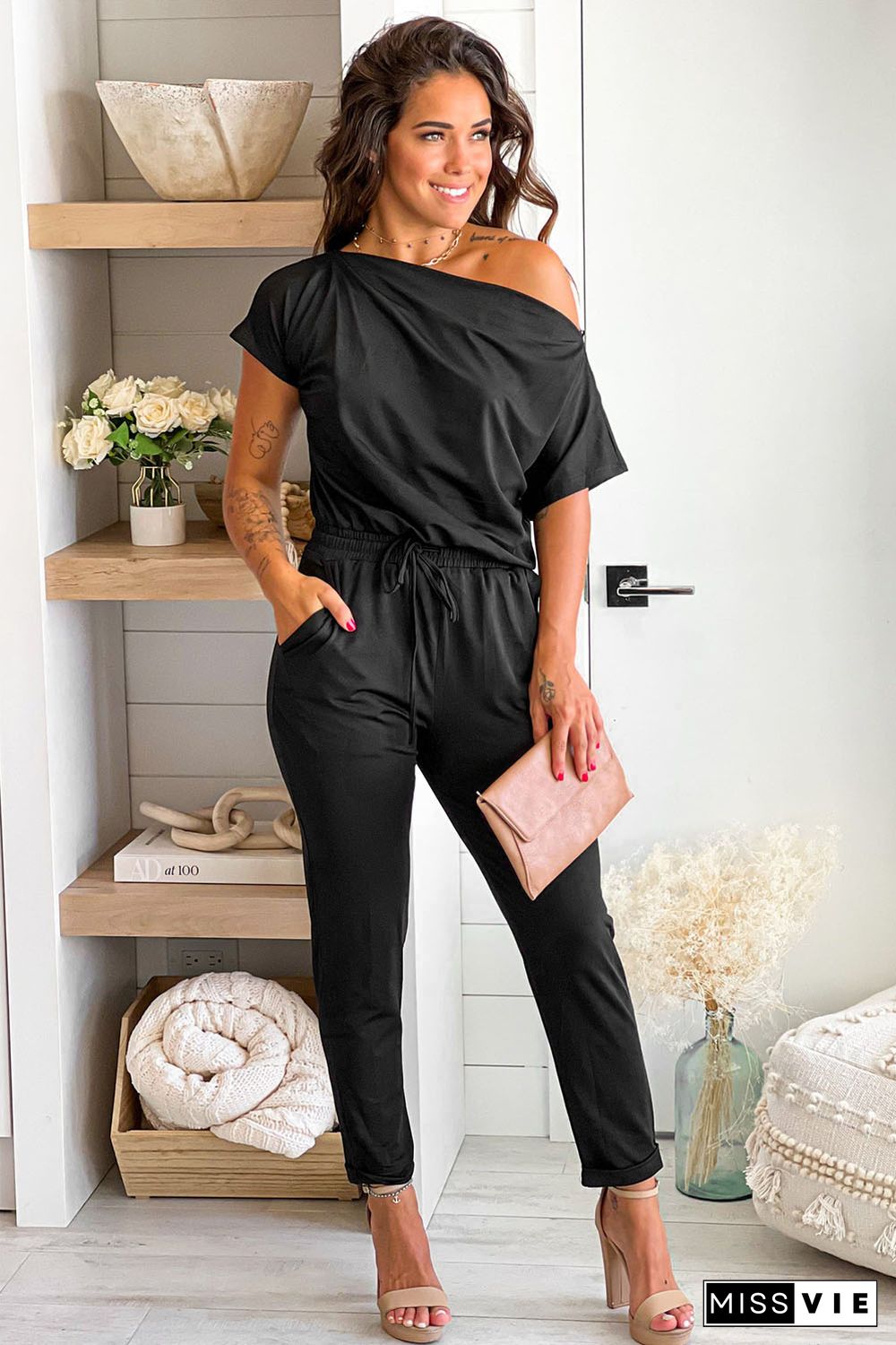 Black Tie Waist Short Sleeve Tapered Jumpsuit