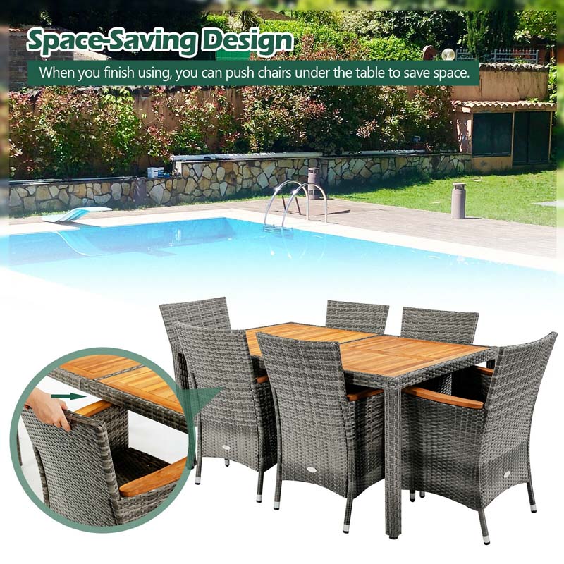 7 Pcs Rattan Wicker Outdoor Patio Dining Furniture Set with Acacia Wood Table & 6 Cushioned Armchairs