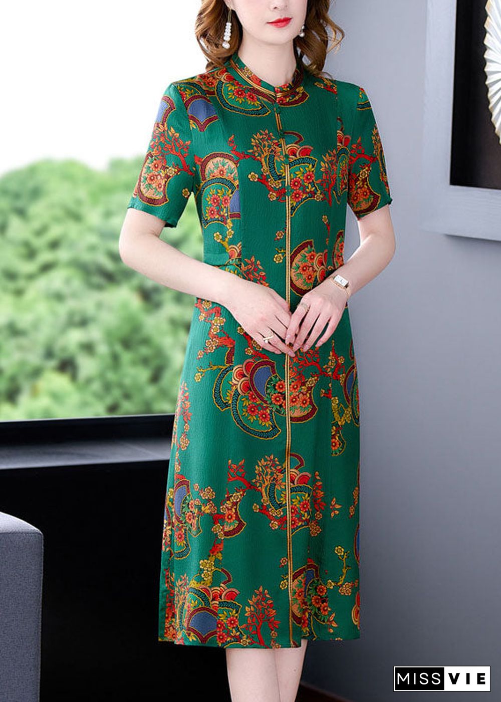 Fitted Green Stand Collar Print Silk Long Dresses Short Sleeve