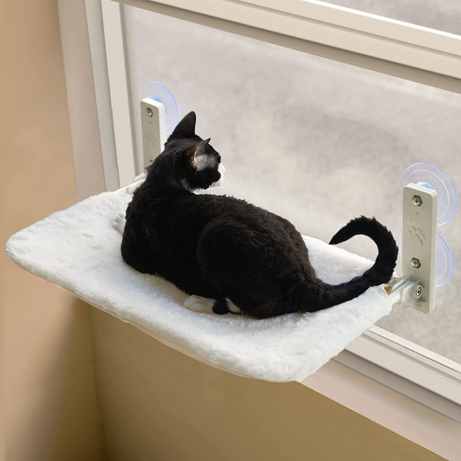 Carkira Cat Window Bed， Foldable Cat Window Hammock for Large Cats， with Steel Frame and Strong Suction Cups，Gray Plush