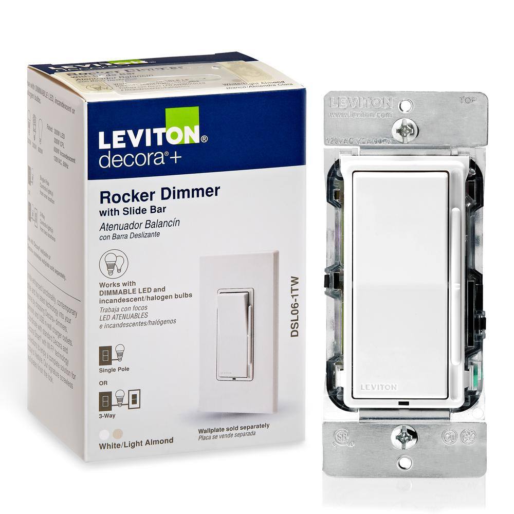 Leviton Decora 600-Watt Single-Pole3-Way Universal Rocker Slide Dimmer WhiteLight Almond R11-DSL06-1TW