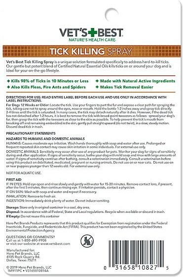 Vet's Best Tick Killing Tick Treatment Dog Spray， 1-oz bottle