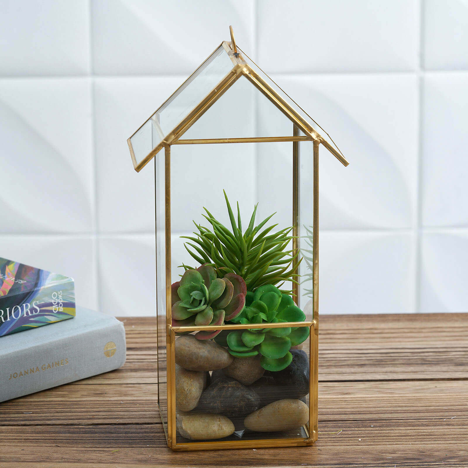 House Lantern Hanging Gold Metal Geometric Glass Terrarium, Multipurpose Air Plants Holder 11