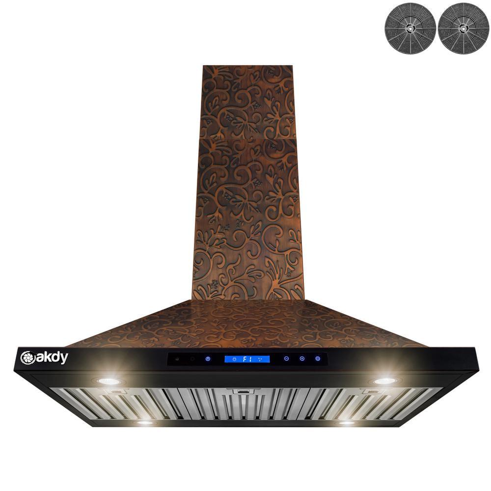 AKDY 36 in 343 CFM Convertible Island Mount Range Hood with LED Lights in Embossed Copper Vine Design with Carbon Filters