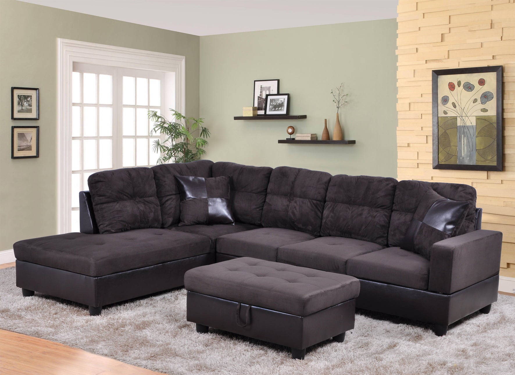 AYCP Furniture Sectional Sofa 3 Pieces L-Shape Sectional Sofa Set, Left Hand Facing Chaise, Microfiber & Faux Leather Upholstery Material, Espresso Color, More Colors & Styles Available