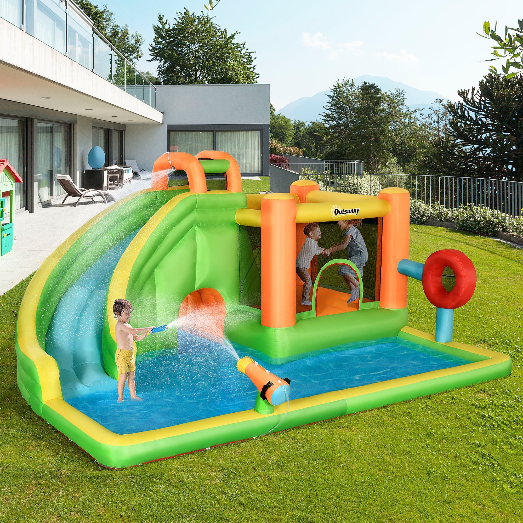 Outsunny 7-in-1 Inflatable Water Slide, Kids Castle Bounce House Includes Slide, trampoline, Pool, Water Cannon, Ball-target, Boxing Post, Tunnel with Carry Bag, Repair Patches, 750W Air Blower