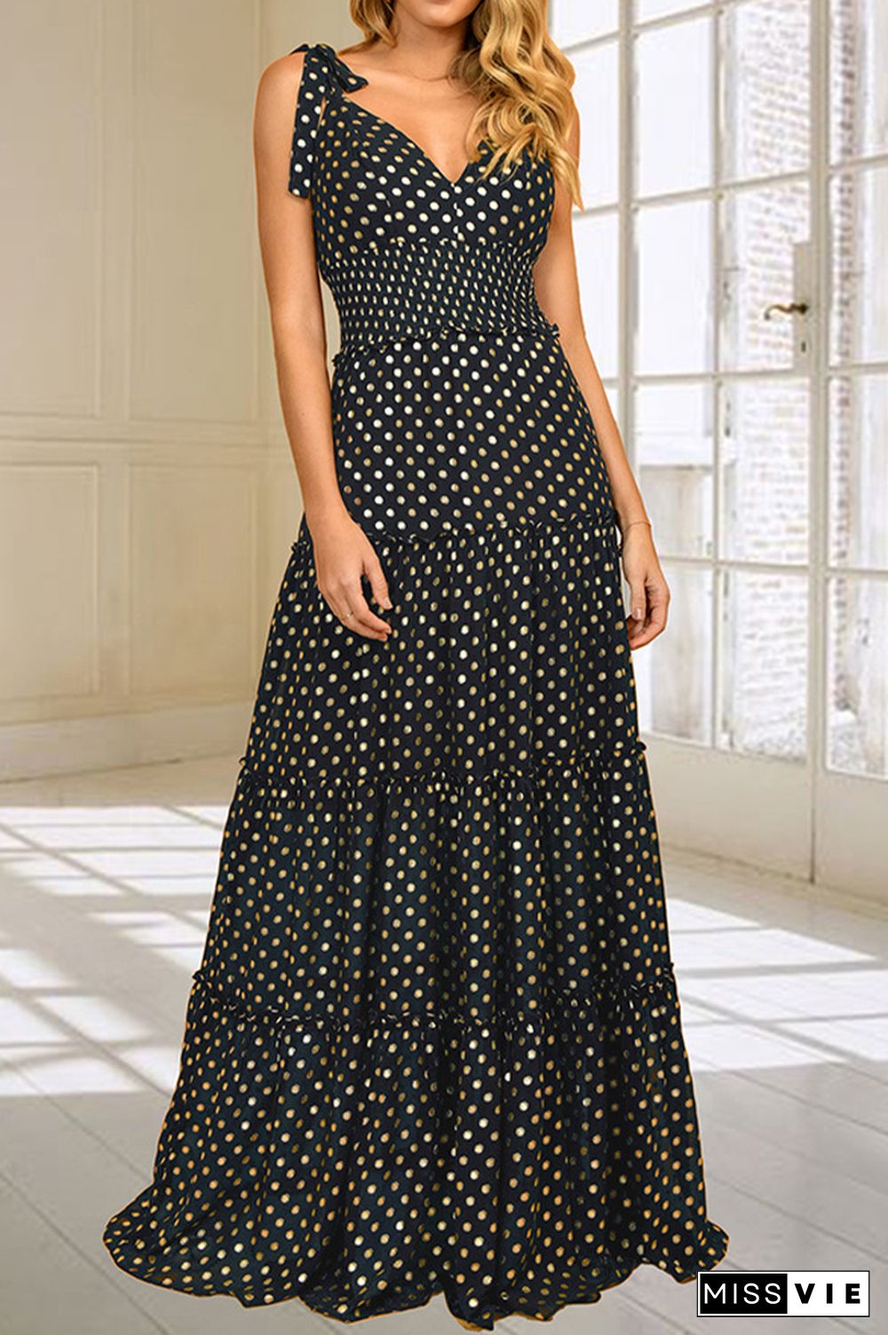 Polka Dot V Neck Sleeveless Long Dress Wholesale