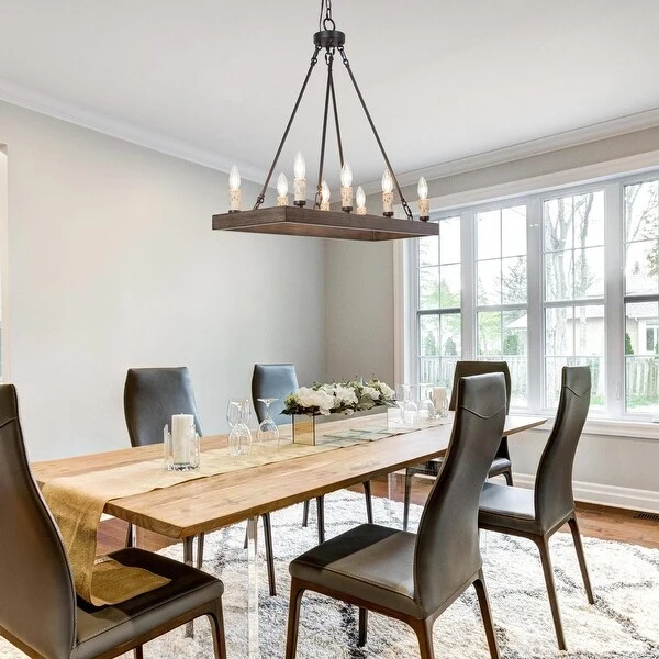 Modern Farmhouse 8-Light Wood Grain Chandelier Rectangle Kitchen Island Lights - L29