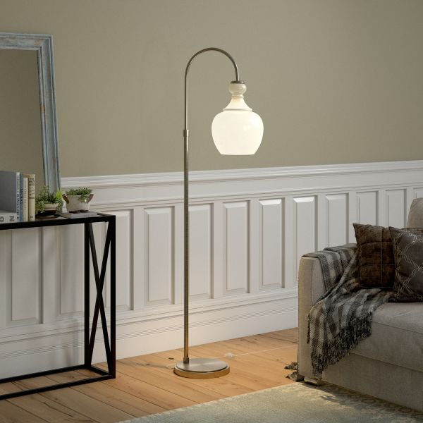 Verona Arc Floor Lamp with Glass Shade in Brushed Nickel/White Milk