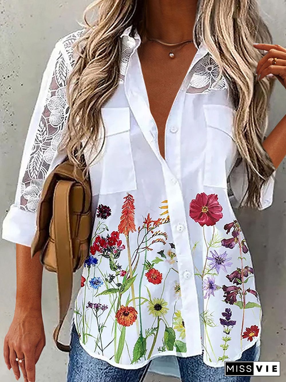 Lace Long Sleeves Floral Printed Pockets Plus Size Casual Shirt Tops