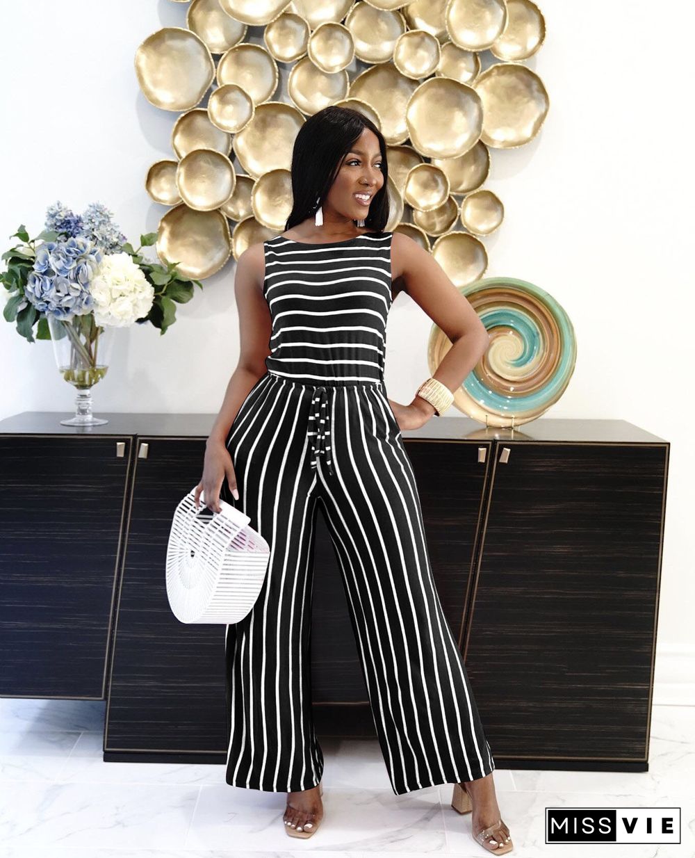 New Striped Lace-Up Sleeveless Wide-Leg Jumpsuit