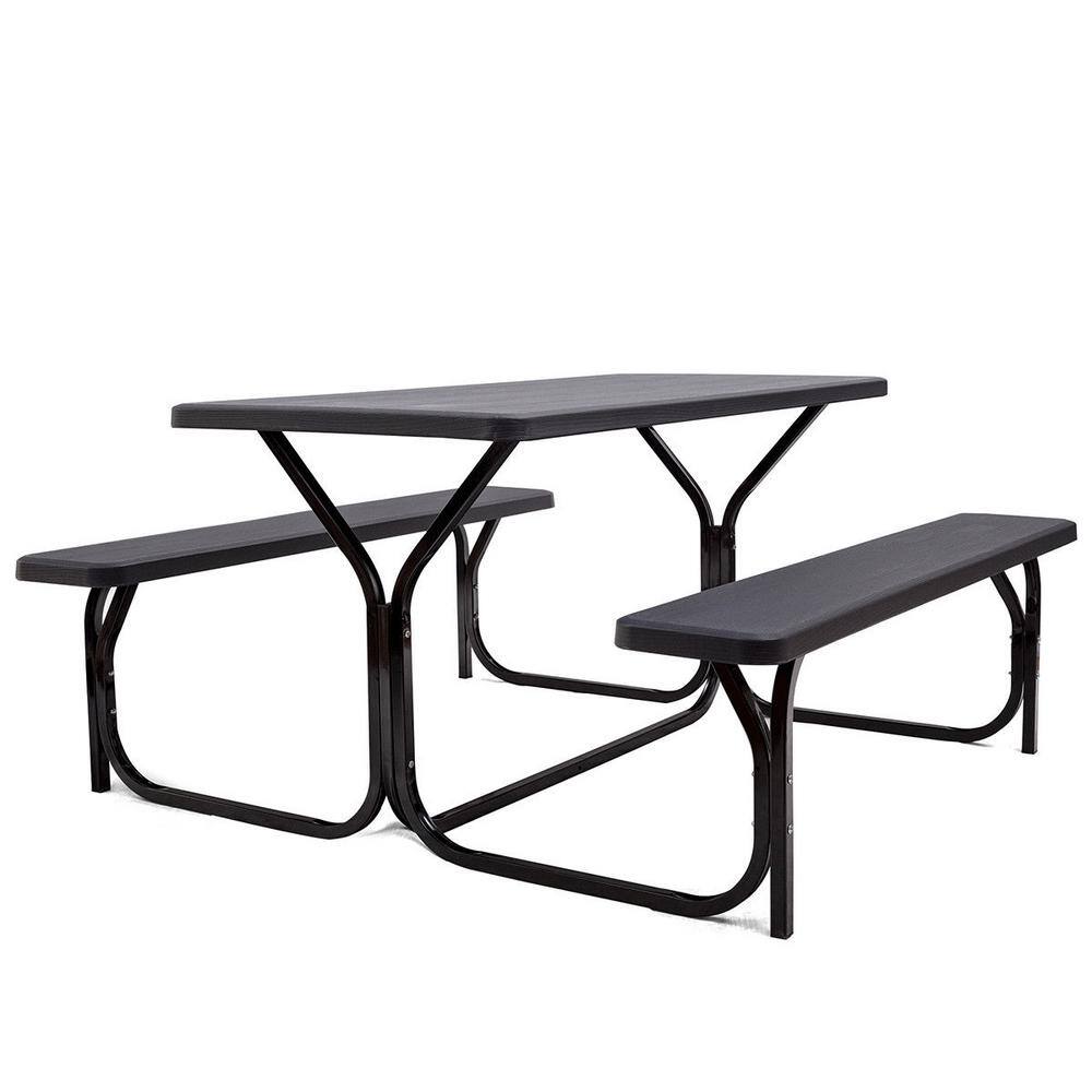 CASAINC Black Rectangular Plastic Outdoor Picnic Table with 2 Bench HY-OP3499BK