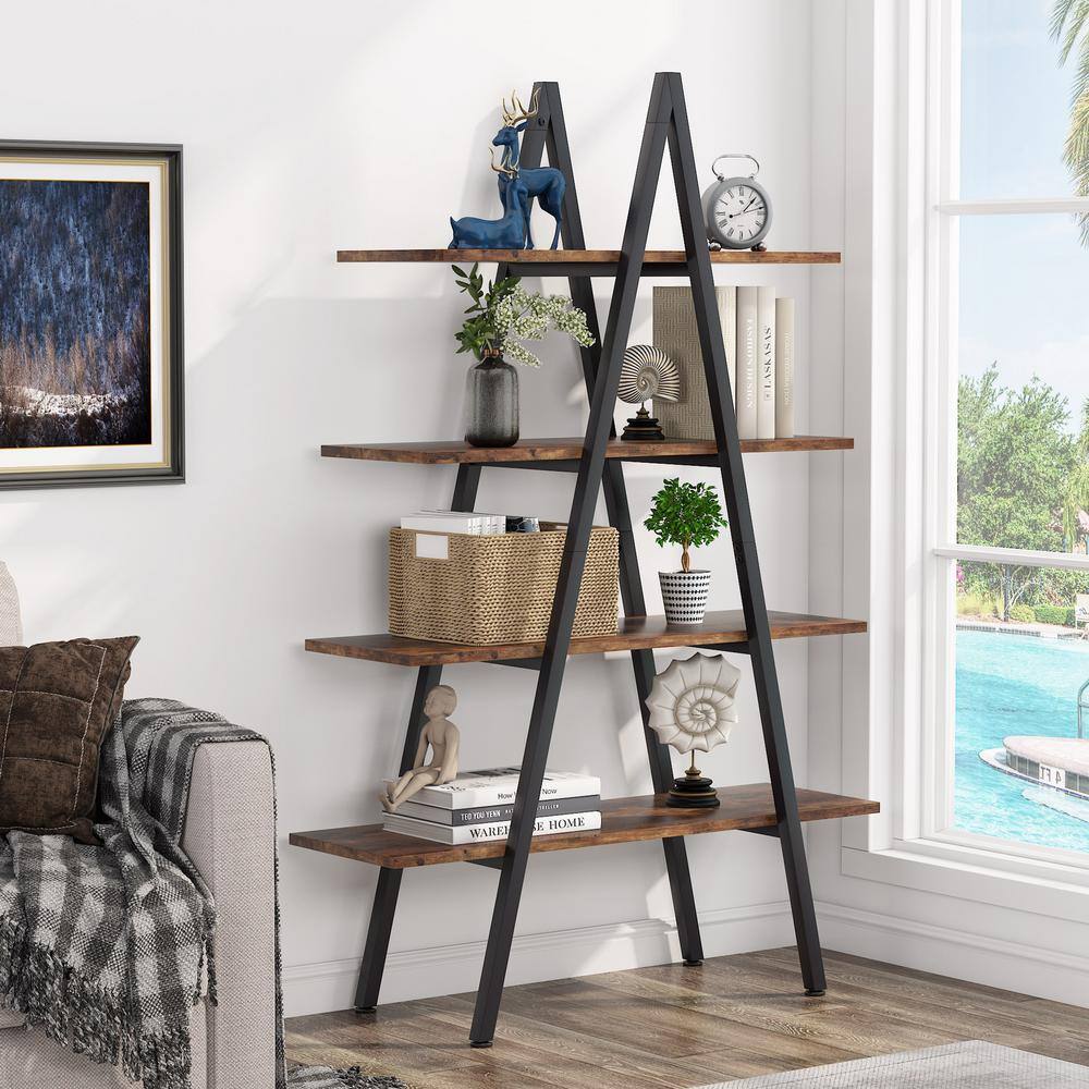 BYBLIGHT Eulas 65 in. Rustic Brown Wood 4-Shelf Ladder Bookcase A-Shaped Bookcase Leaning Plant Stand Storage Rack BB-U0033GX