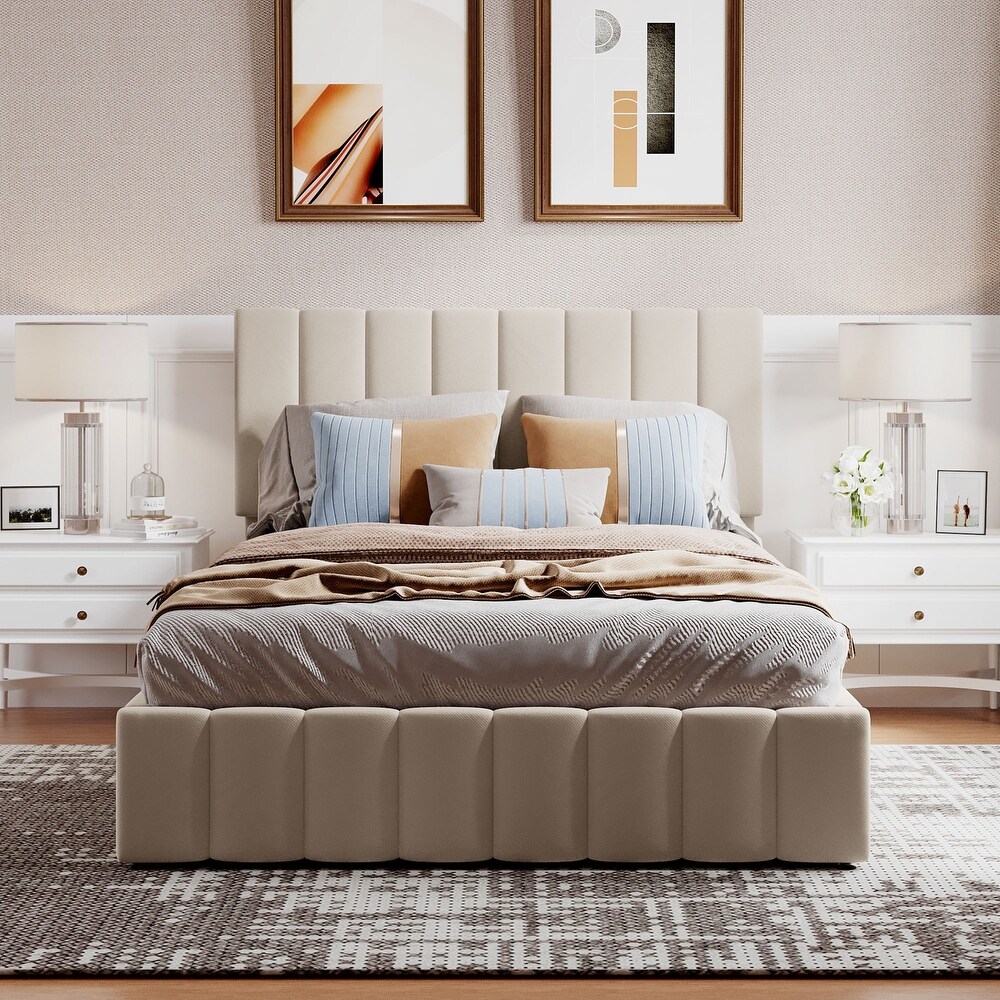 Upholstered Platform Bed with Hydraulic Storage System   Tufted Headboard