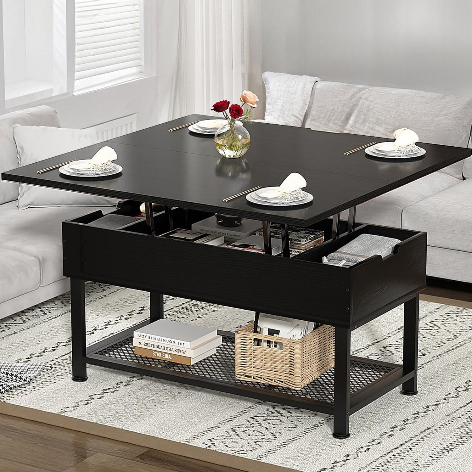 Coffee Table with Lifting Top Modern Lift Dining Table with 4 Storage Spaces