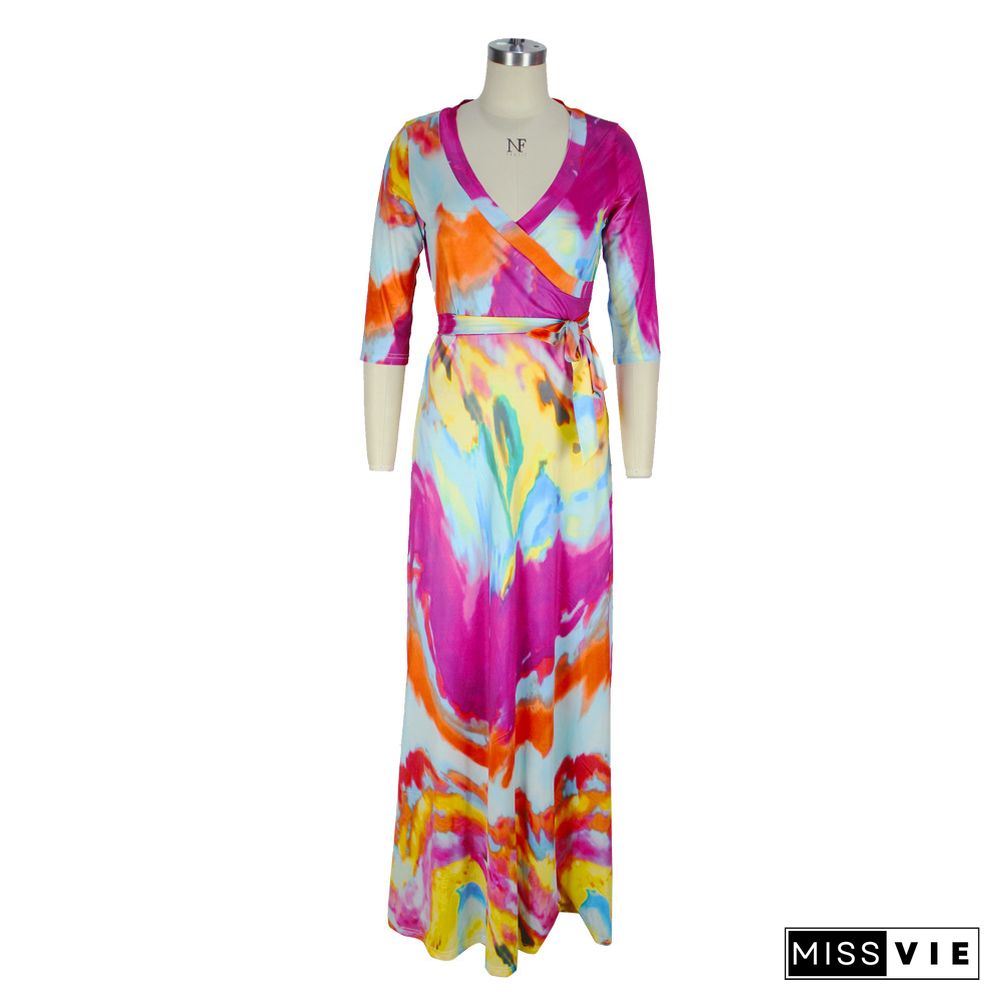 Elegant Abstract Printed Women Three Quarter Sleeve V Neck Bandage Summer Vacation Maxi Dress