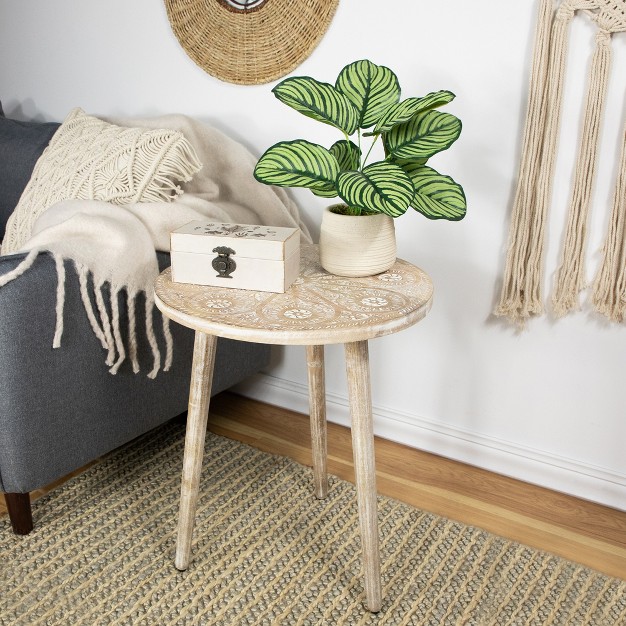 Brushed White Engraved Floral Round Tri Leg Wooden Side Table