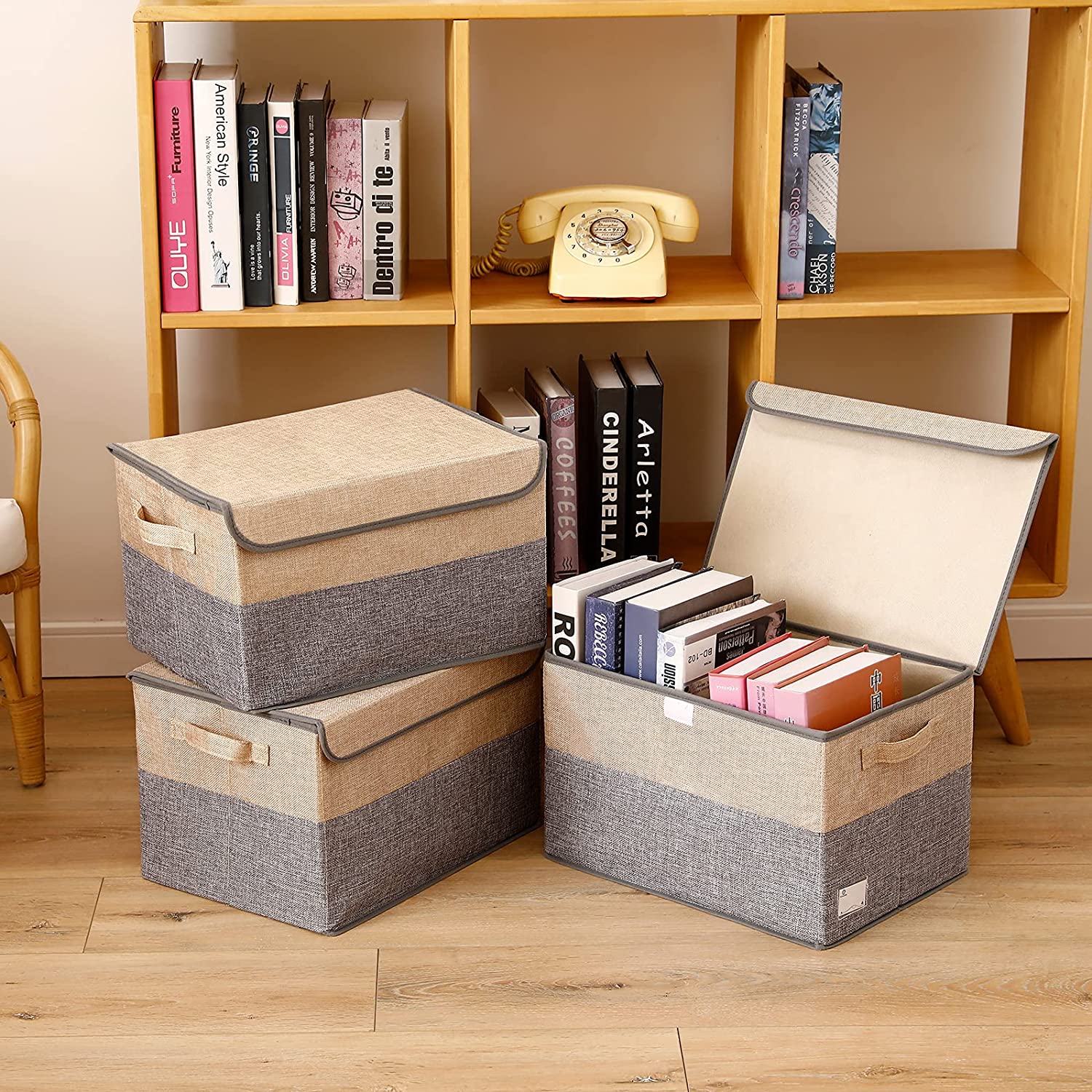 E-MANIS Storage Bins with Lids set of 3 Foldable Storage Boxes with Lids  for Toys,Clothes and Books (Grey and Beige)