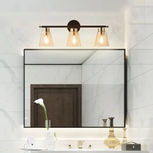 ExBrite 3-light Bathroom Dimmable Gold Vanity Lights Modern Wall Sconce Lighting with Seeded Glass