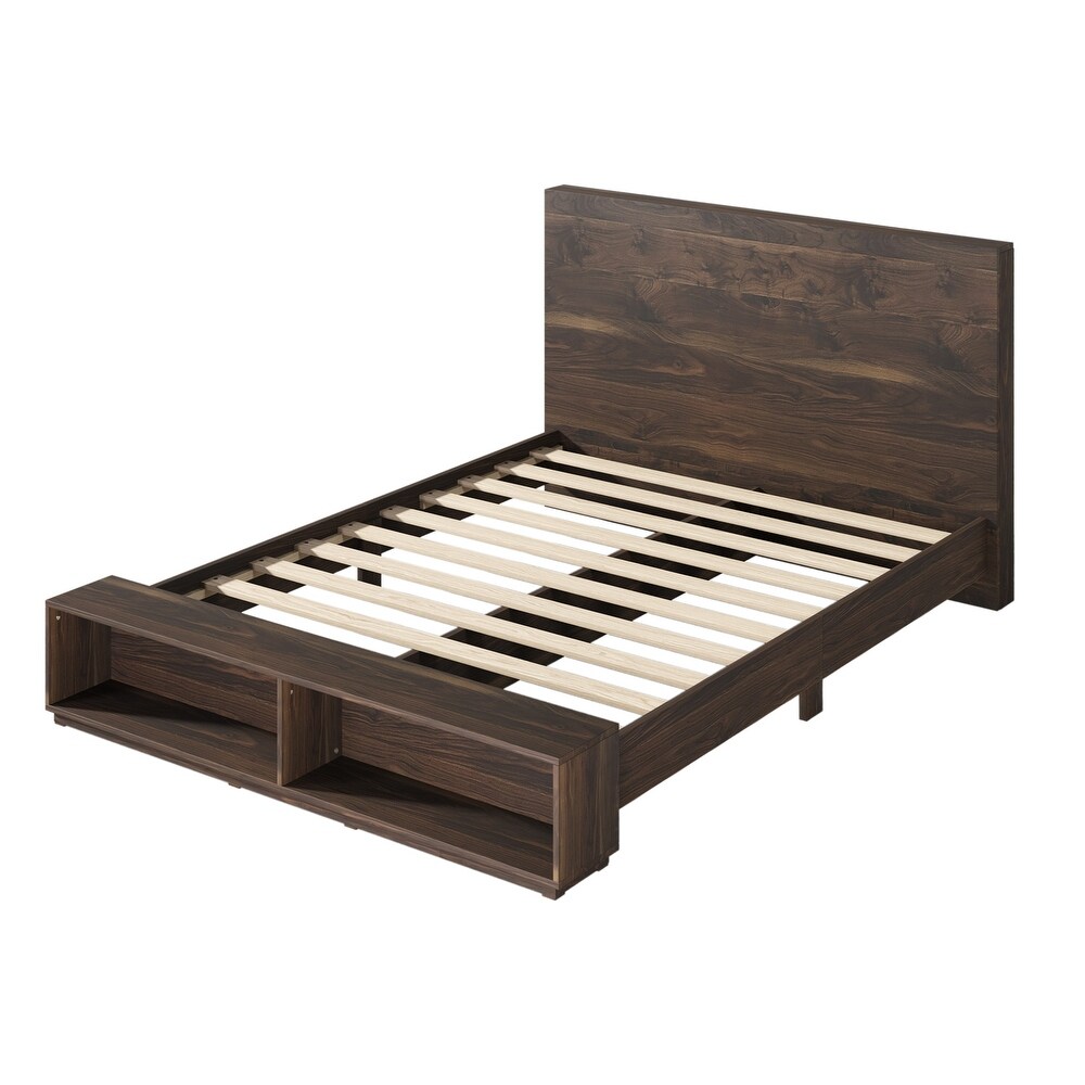 Walnut Wooden King Platform Bed with Storage Bench