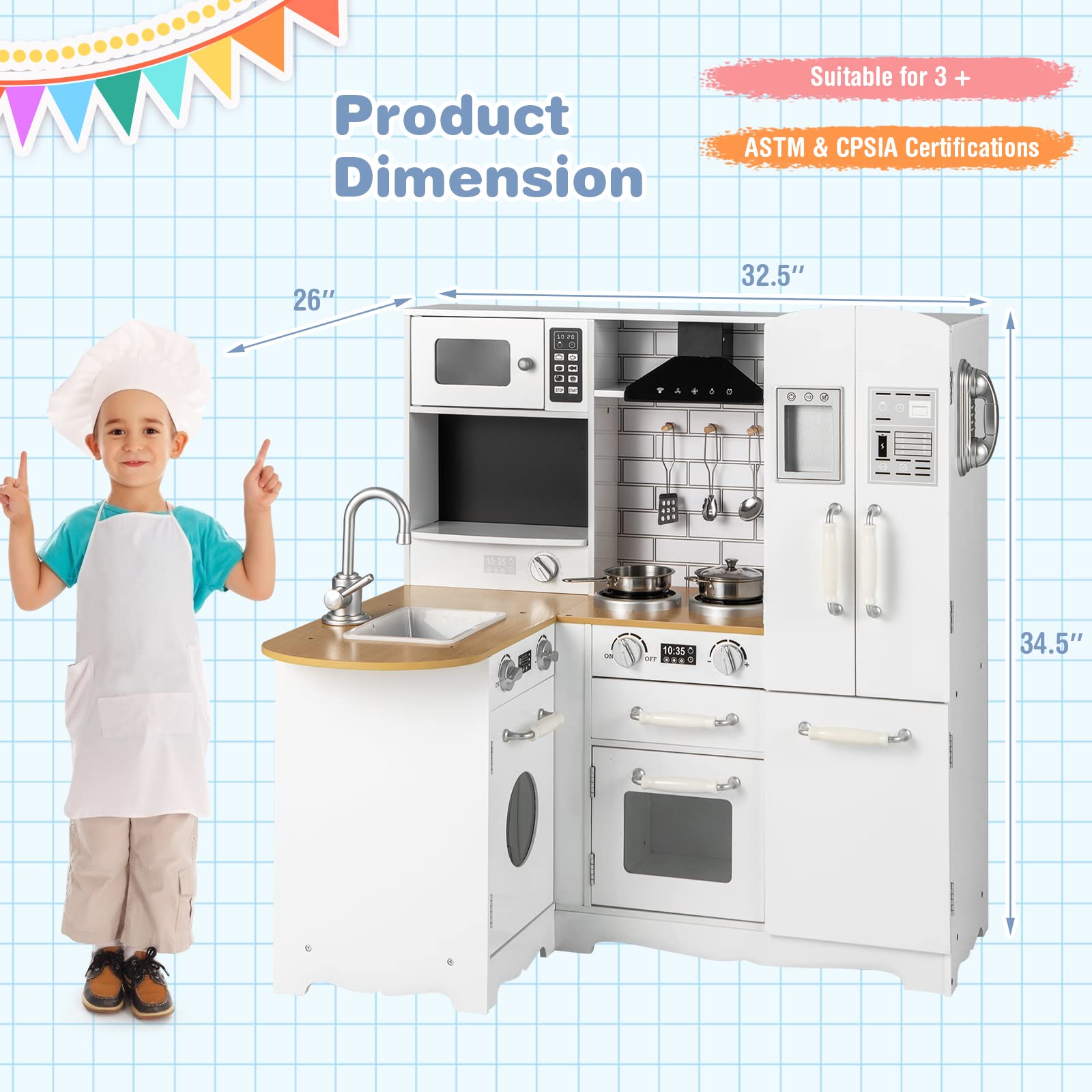 Costzon Kids Corner Kitchen Playset, 11-in-1 Wooden Play Kitchen Toy Set