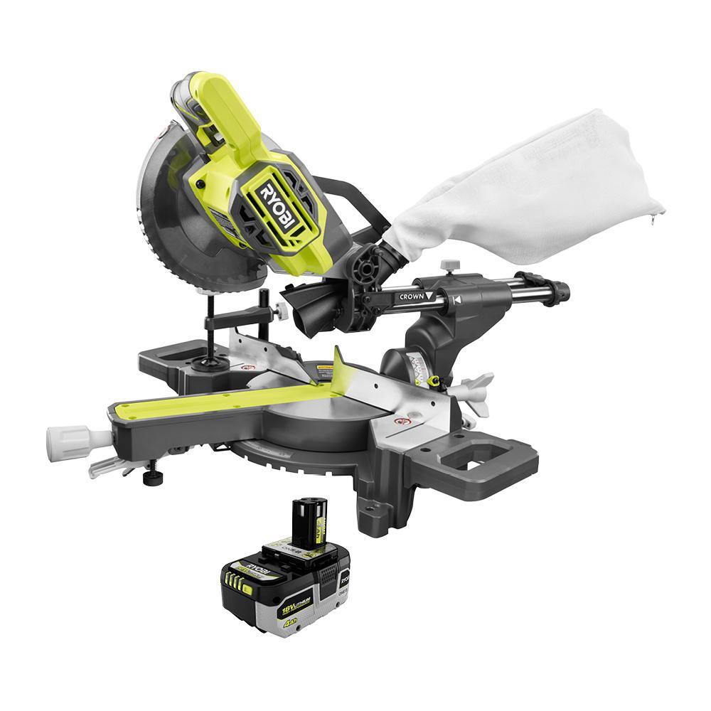 RYOBI ONE+ 18V Cordless 7-14 in. Sliding Compound Miter Saw with HIGH PERFORMANCE Lithium-Ion 4.0 Ah Battery PBT01B-PBP004