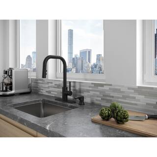 Pfister Zanna Single Handle Pull Down Sprayer Kitchen Faucet with Deckplate and Soap Dispenser in Matte Black F-529-7ZNRB