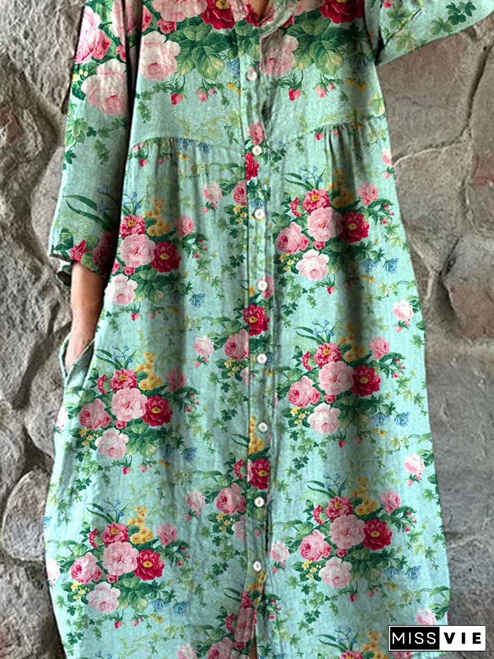 Women's Elegant Pastoral Floral Cotton and Linen Dress