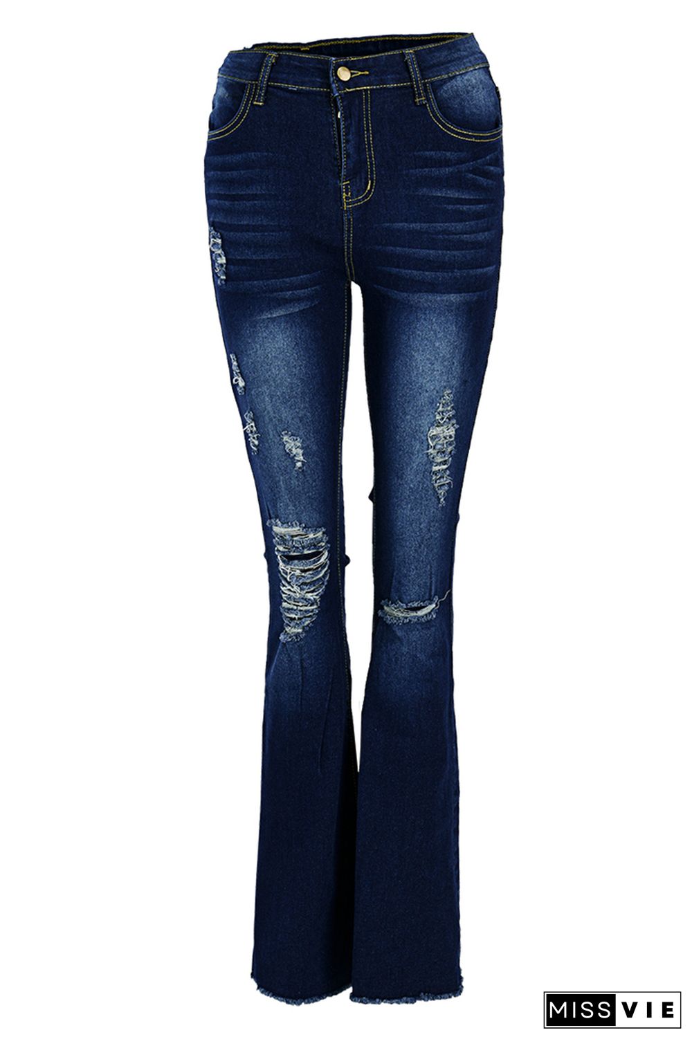 Fashion Casual Solid Ripped High Waist Regular Denim Jeans