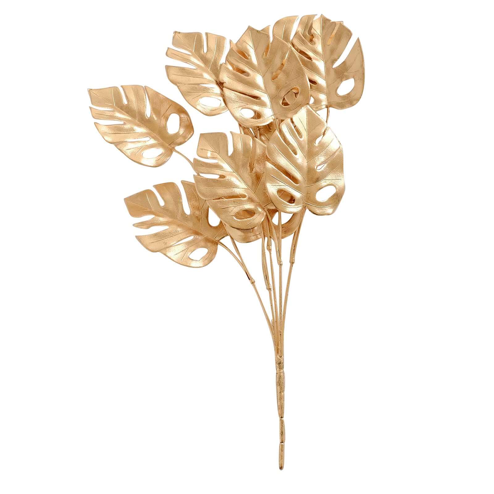 4 Pack Metallic Gold Artificial Monstera Leaves Bushes, Tropical Palm Leaf Bunches Vase Fillers - 14