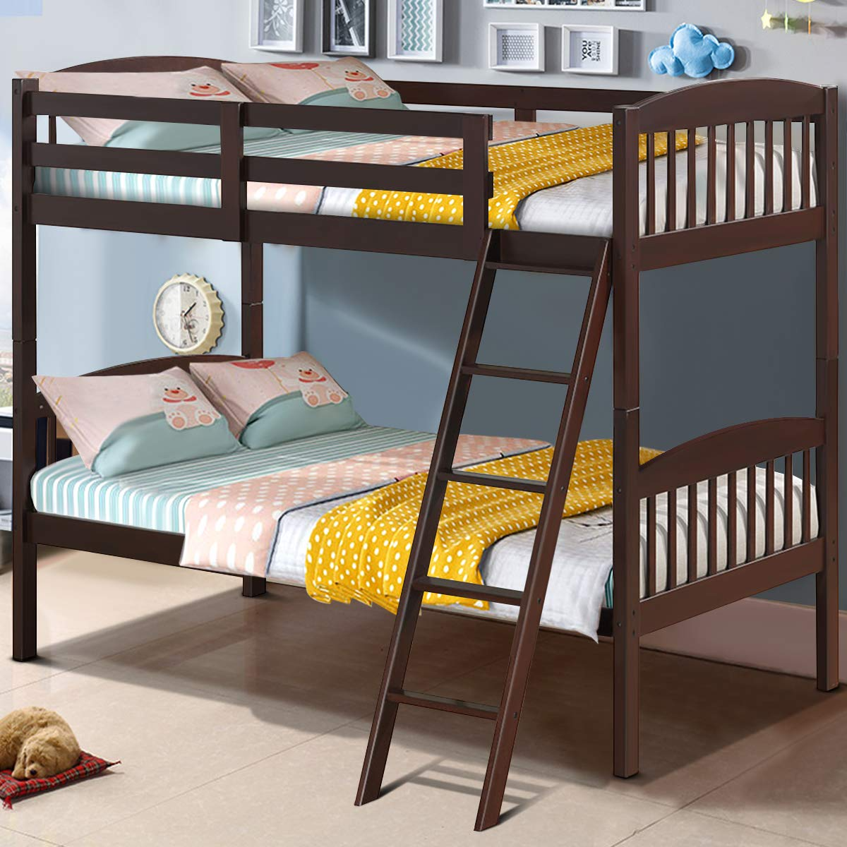 Costzon Twin Over Twin Bunk Beds, Convertible Into Two Individual Solid Rubberwood Beds (Espresso)