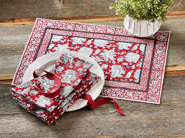 Tagltd Janis Red Block Print Cotton Placemat 14 5 quot l X 19 quot w