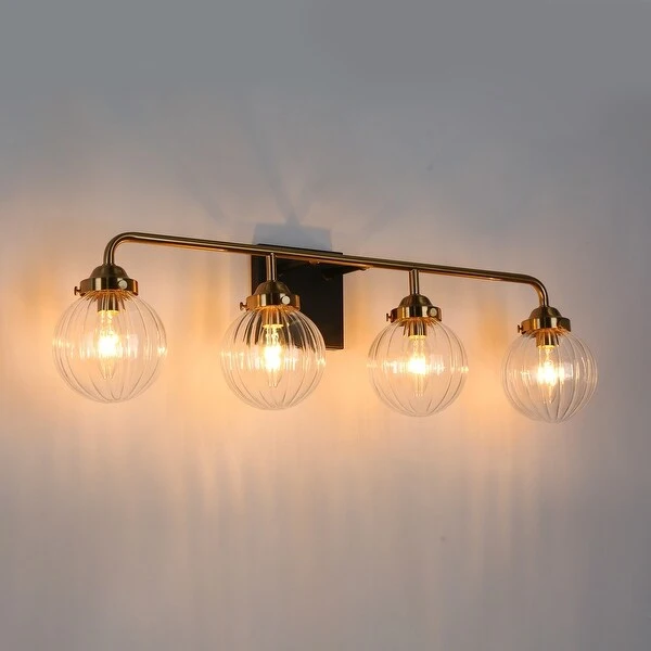 Modern 4-Light Black Gold Bathroom Linear Vanity Lights Globe Glass Wall Sconces - 28.5