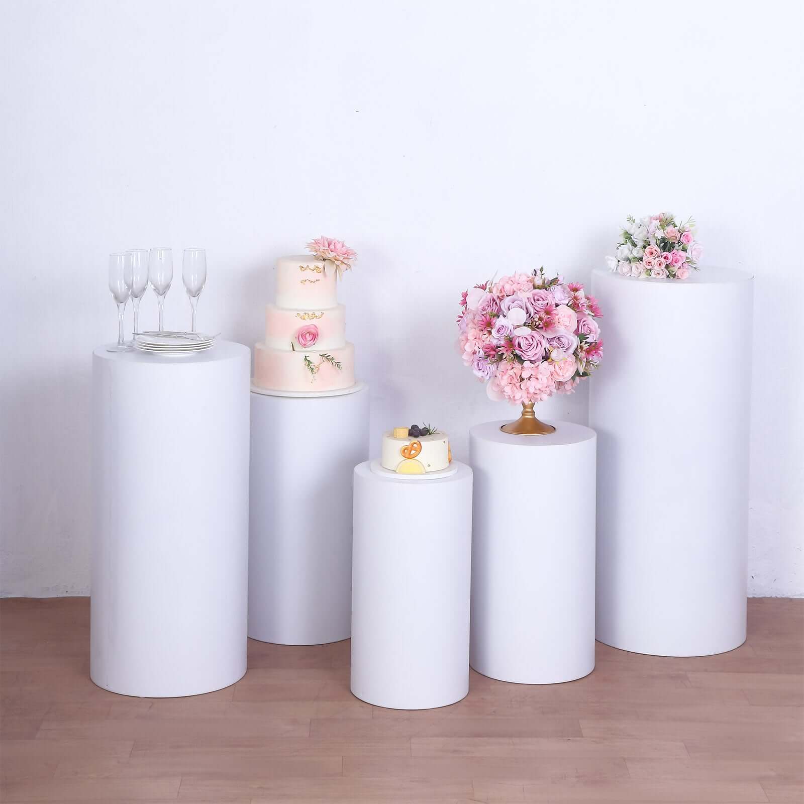 Set of 5 White Metal Cylinder Pillar Prop Stands For Wedding Aisle, Round Plinth Pedestal Display Boxes - 20