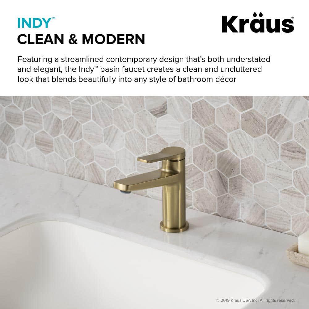 KRAUS Indy Single Handle Bathroom Faucet and Pop Up Drain with Overflow in Brushed Gold