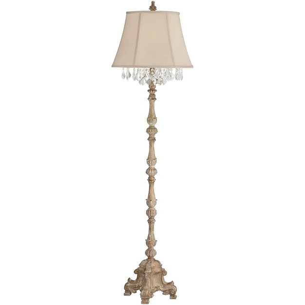 Tall Distressed Faux Wood Candlestick Crystal Glass Beading Cream Bell Shade For Living Room