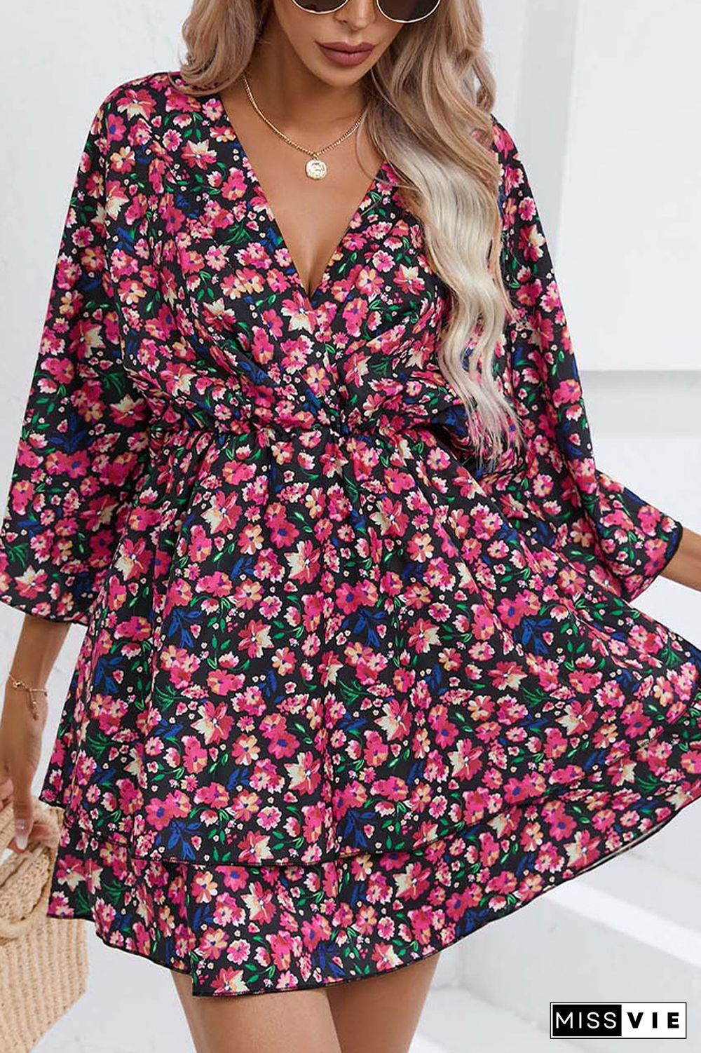 V Neck Drawstring Floral Dress