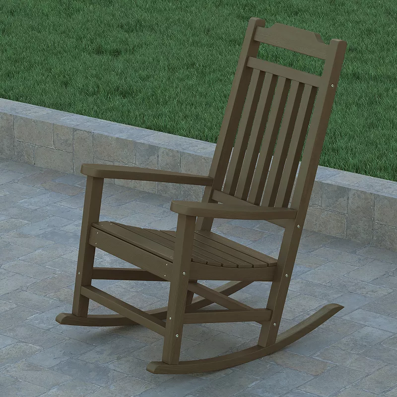 Emma and Oliver Set of 2 All-Weather Poly Resin Faux Wood Rocking Chairs for Porch andPatio