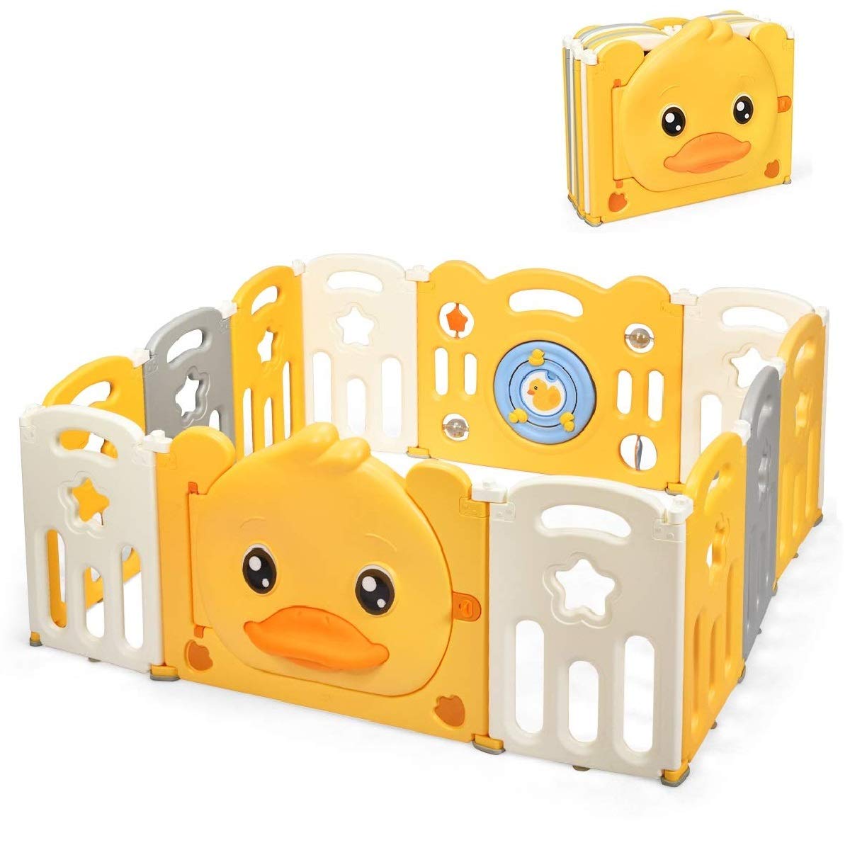 Costzon Baby Playpen, 12/14/16-Panel Portable Baby Play Yards with Yellow Duck Pattern