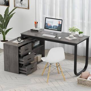 FUFUGAGA 55.1 in. L-Shaped Gray Wood Executive Writing Desk Computer Desk Workstation WRemovable Tabletop Shelves 3-Drawers KF210009-04-KPL2