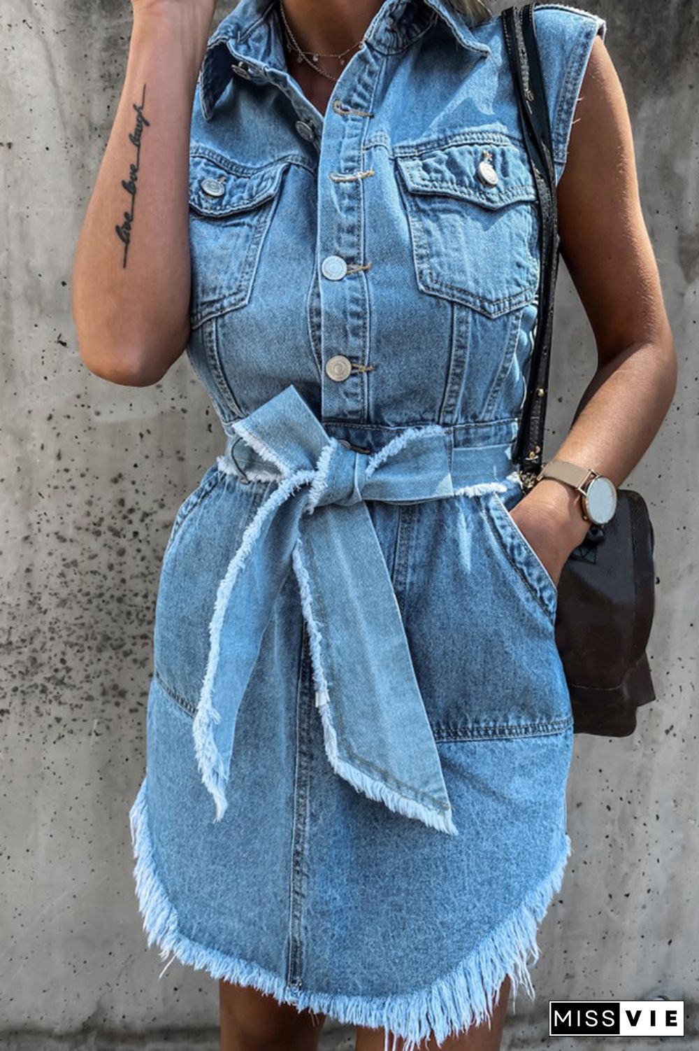 Vintage Turn-down Collar Sleeveless Tie Waist Hem Tassels Denim Dress Wholesale