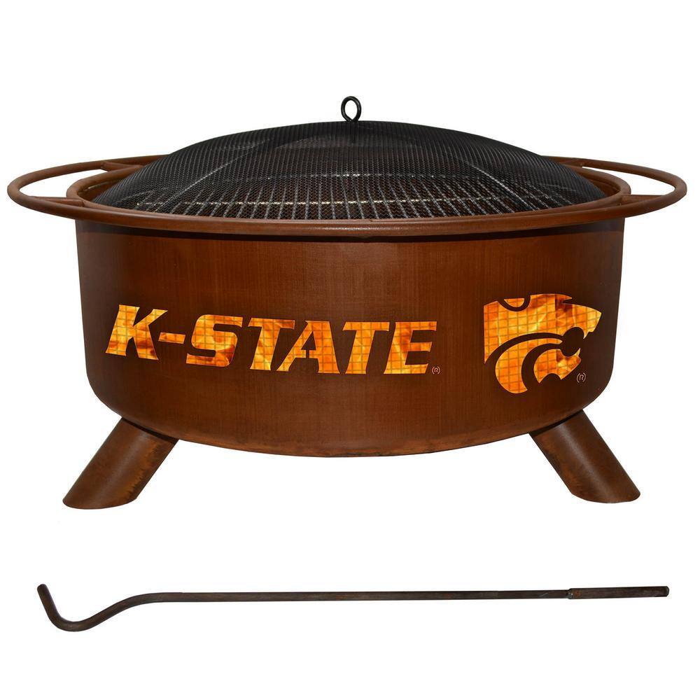 Kansas State 29 in. x 18 in. Round Steel Wood Burning Rust Fire Pit with Grill Poker Spark Screen and Cover F406