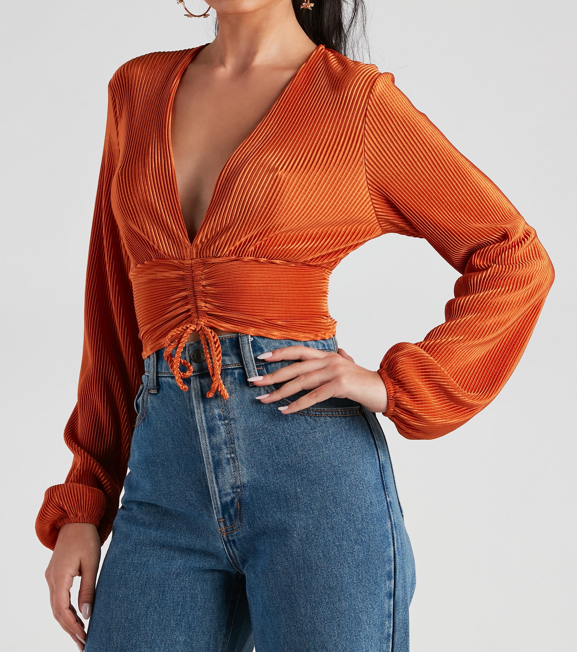 Posh And Pleated Long Sleeve Crop Top