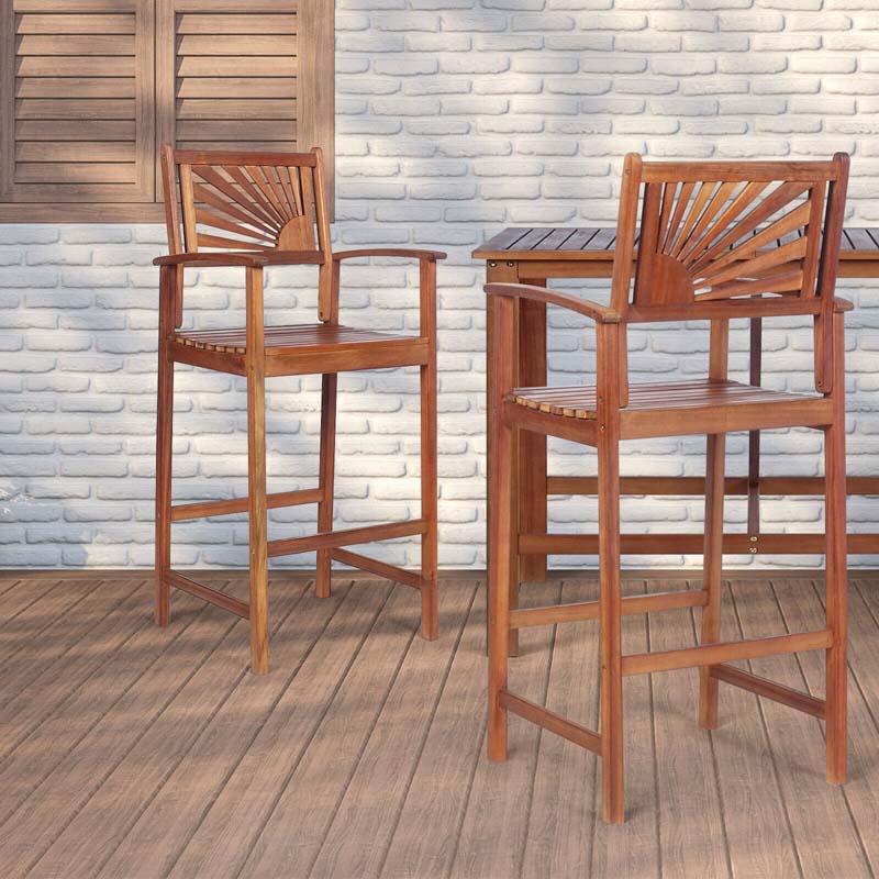 2-Pack Acacia Wood Bar Stools Outdoor Patio Bar Chairs with Sunflower Backrest & Curved Armrests