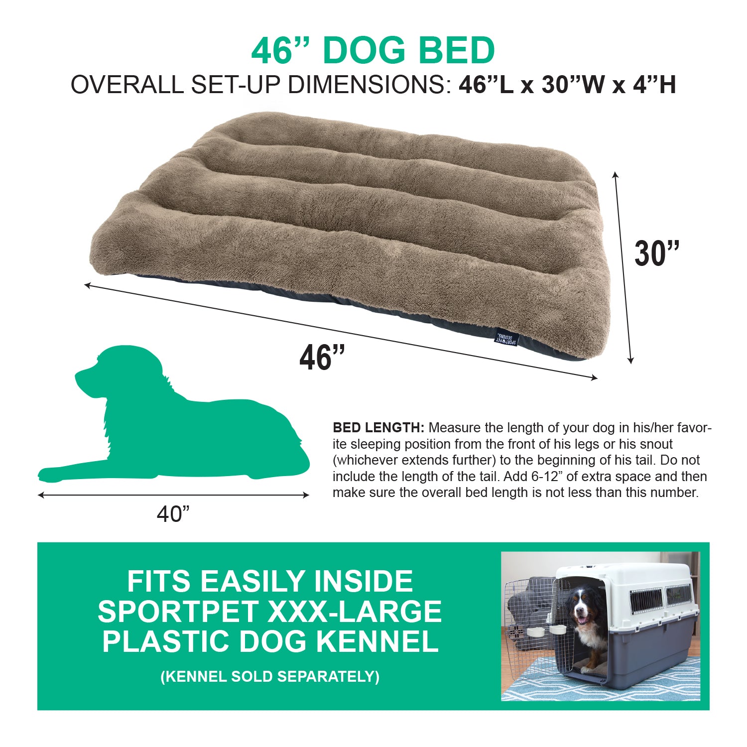 Sport Pet Waterproof Dog Bed, Brown, 46"L x 30"W x 3.9"H, Fits SportPet Airline Kennel