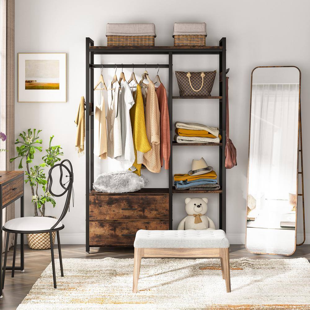 BYBLIGHT Carmalita Rustic Brown Freestanding Closet Organizer Clothes Rack with Drawers and Shelves Heavy Duty Garment Rack BB-F1546XF