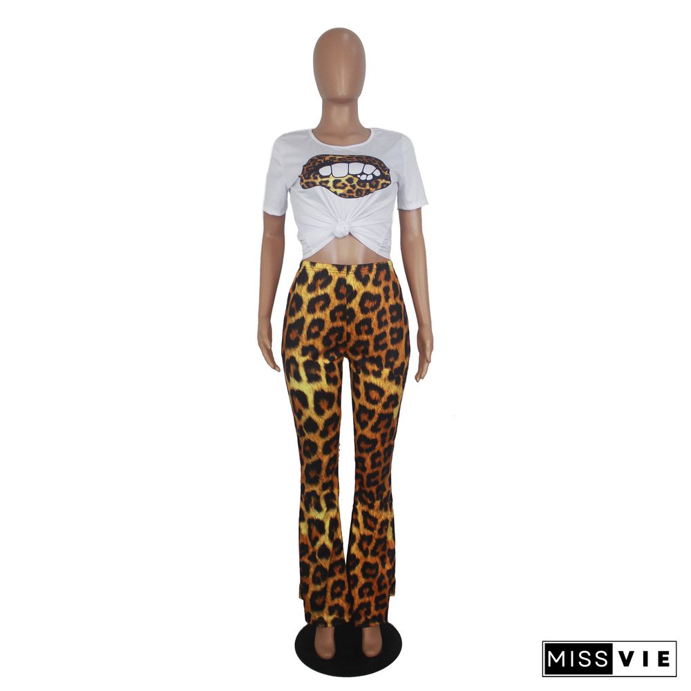 Women Casual Lip Print O-Neck Short Sleeve T-shirts High Waist Leopard Flared Long Pants 2 Piece Set