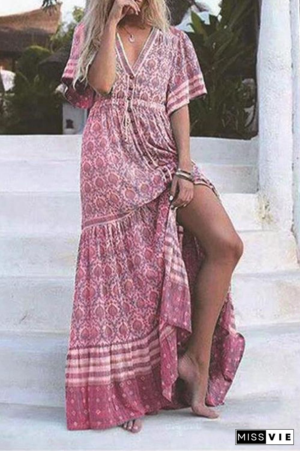 Print V Neck Short Sleeve Maxi Dress